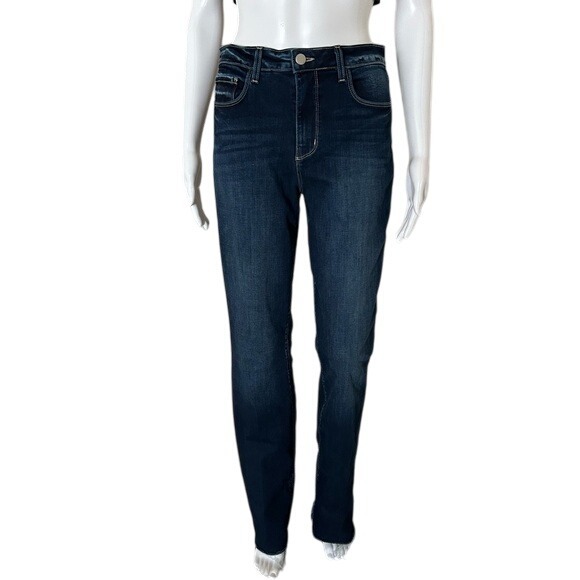 L'agence Dark Blue High Waist Raw Hem Straight Leg Cotton Blend Denim Jeans 28 - Picture 1 of 9